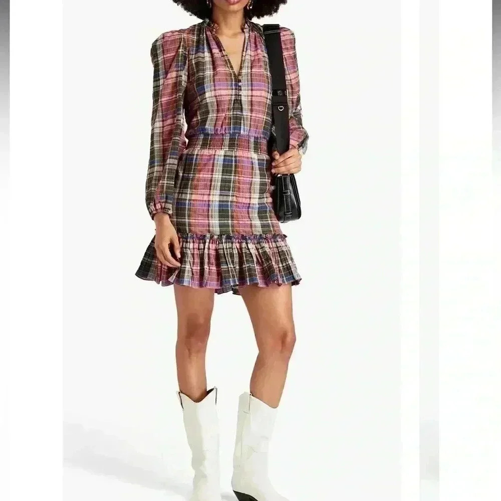 VERONICA BEARD
Destiny ruffled metallic checked cotton-blend mini dress